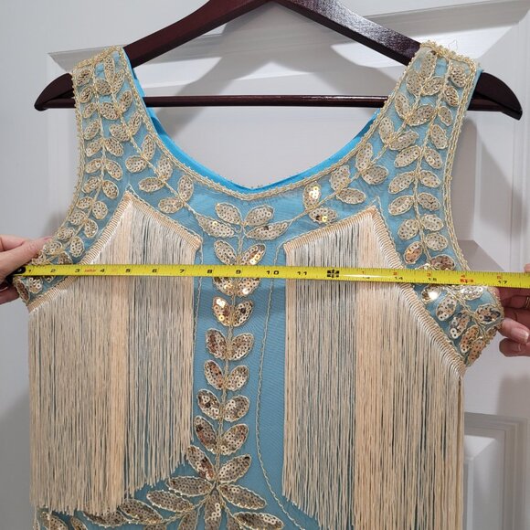 Stunning Roaring 1920s Dress. Sequins and Fringe. Turquoise, Gold, and Ivory. S. - Picture 9 of 16